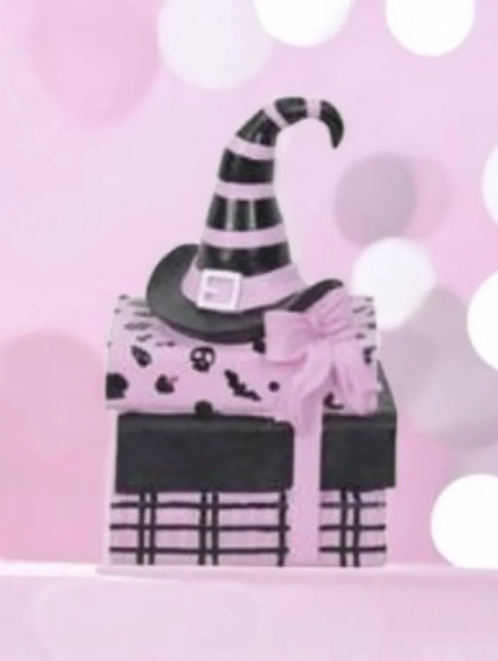 Summerween Pink & Black Witches Hat on Stack of Spell Books Halloween